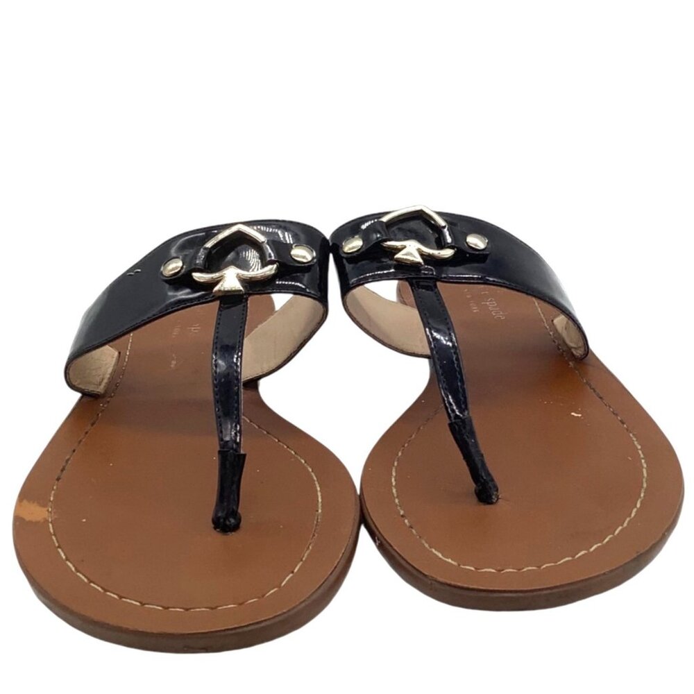 Kate Spade Cece Thong Sandals 6.5 Silver Logo Hardware Flat Flip Flops Neutral - Picture 2 of 6
